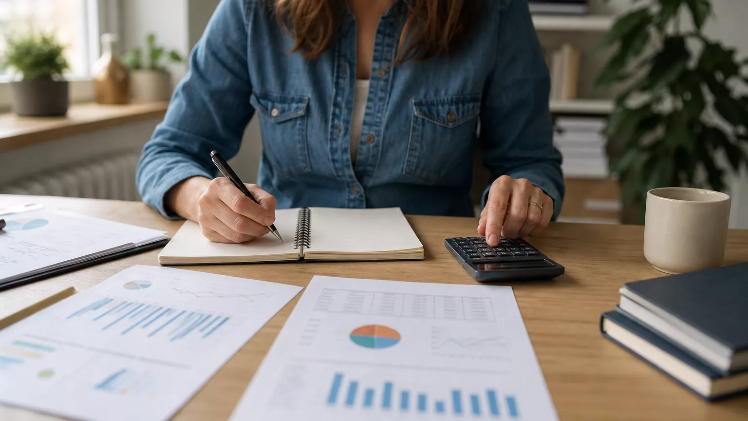 Une calculatrice et des graphiques financiers sur un bureau.