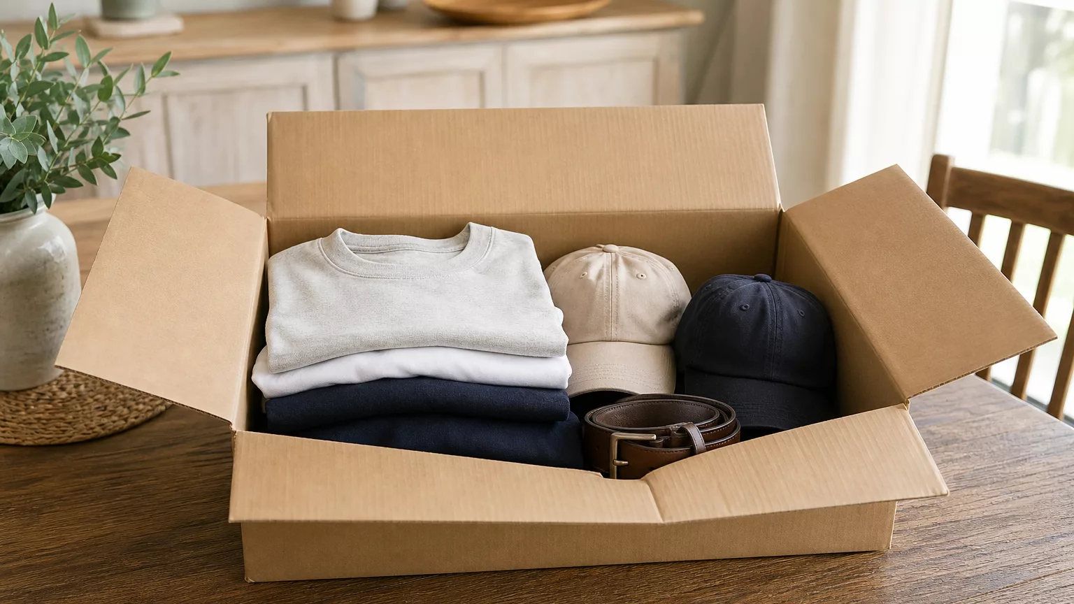 Un colis ouvert contenant des tee-shirts, des casquettes et une ceinture.
