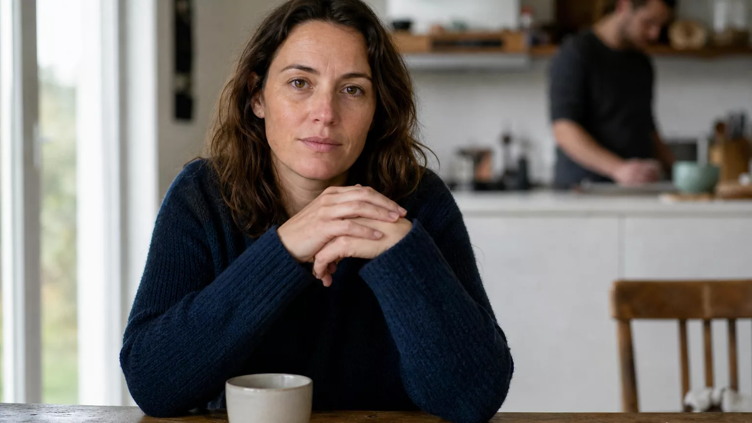 Une personne assise à une table de cuisine, les mains rapprochées près d’une tasse.