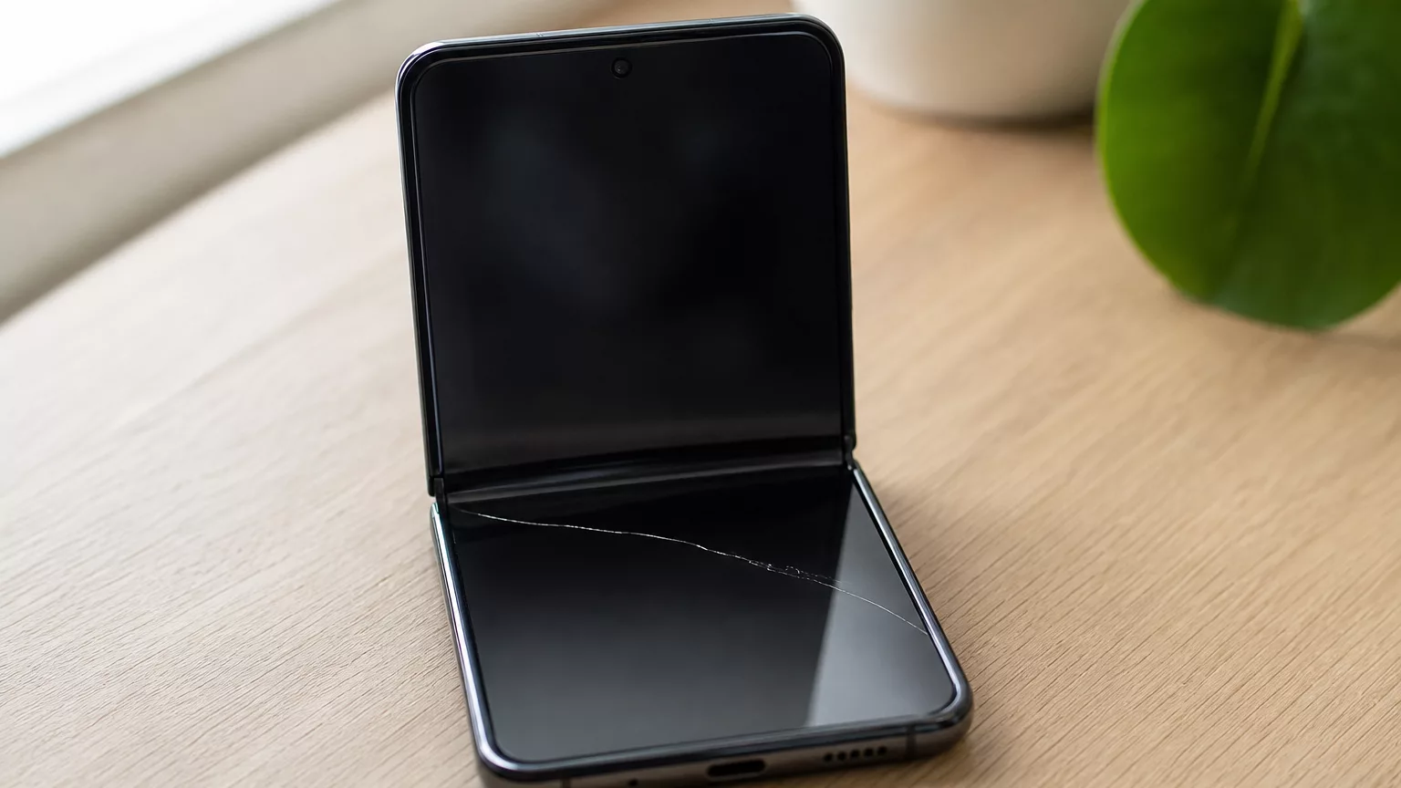 Smartphone pliant entrouvert avec une fissure visible sur la pliure de l’écran intérieur.