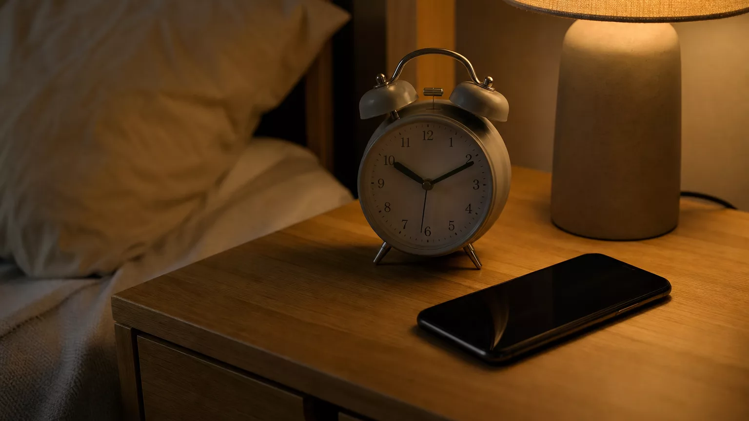 Réveil à aiguilles et téléphone posés sur une table de chevet pendant la nuit.