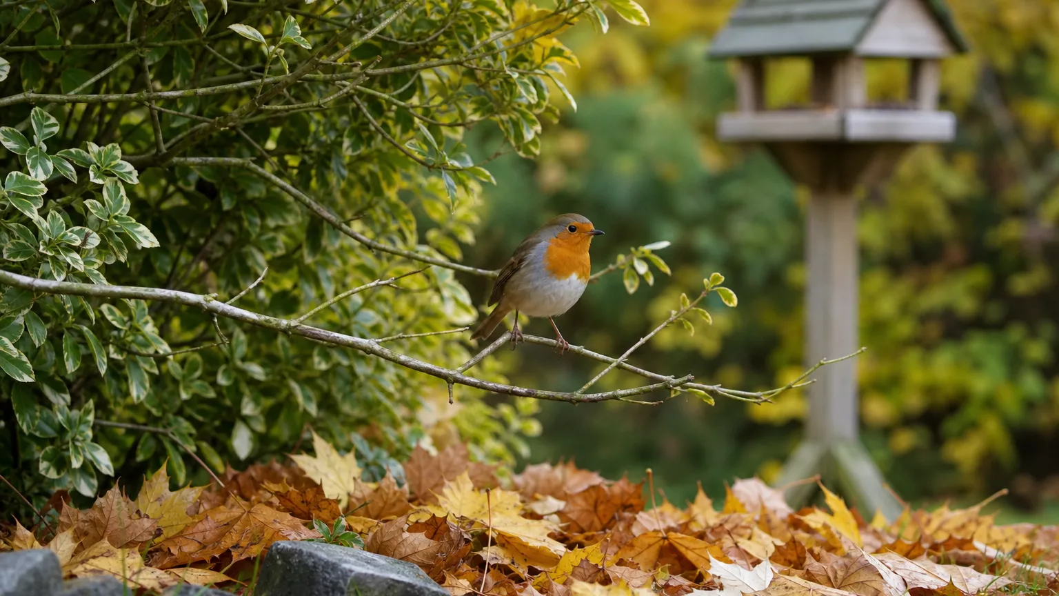 Un rouge-gorge sur une branche près d’un arbuste et d’une mangeoire surélevée en automne.