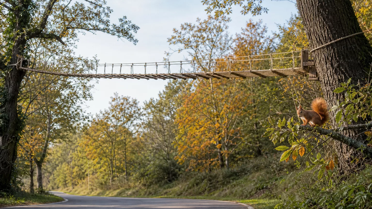 Un passage de cordes suspendu au-dessus d’une route, avec un écureuil sur une branche voisine.