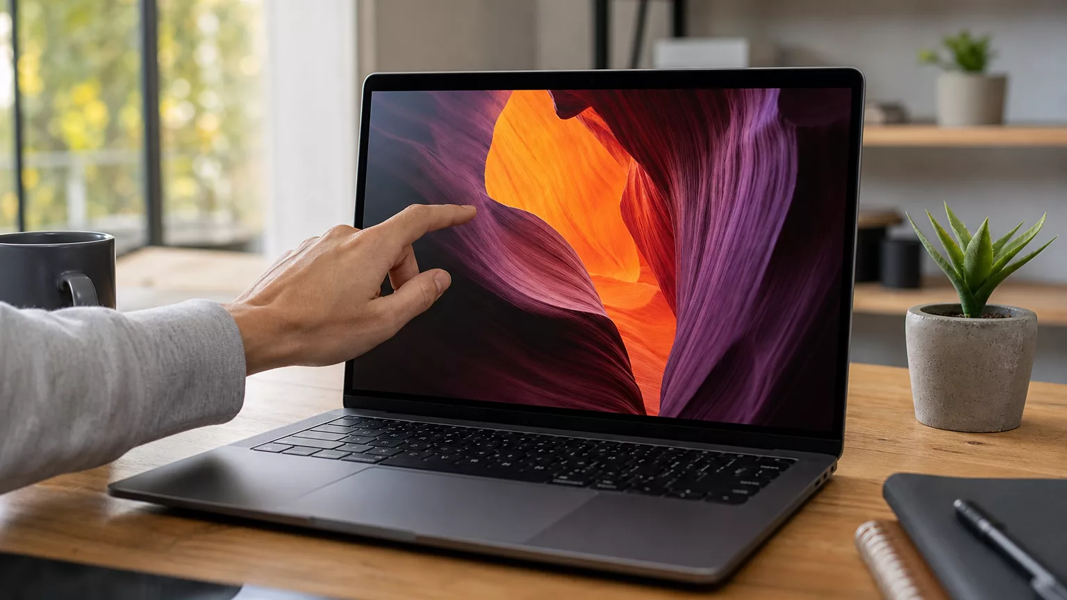 Une main touche l’écran d’un ordinateur portable posé sur un bureau.
