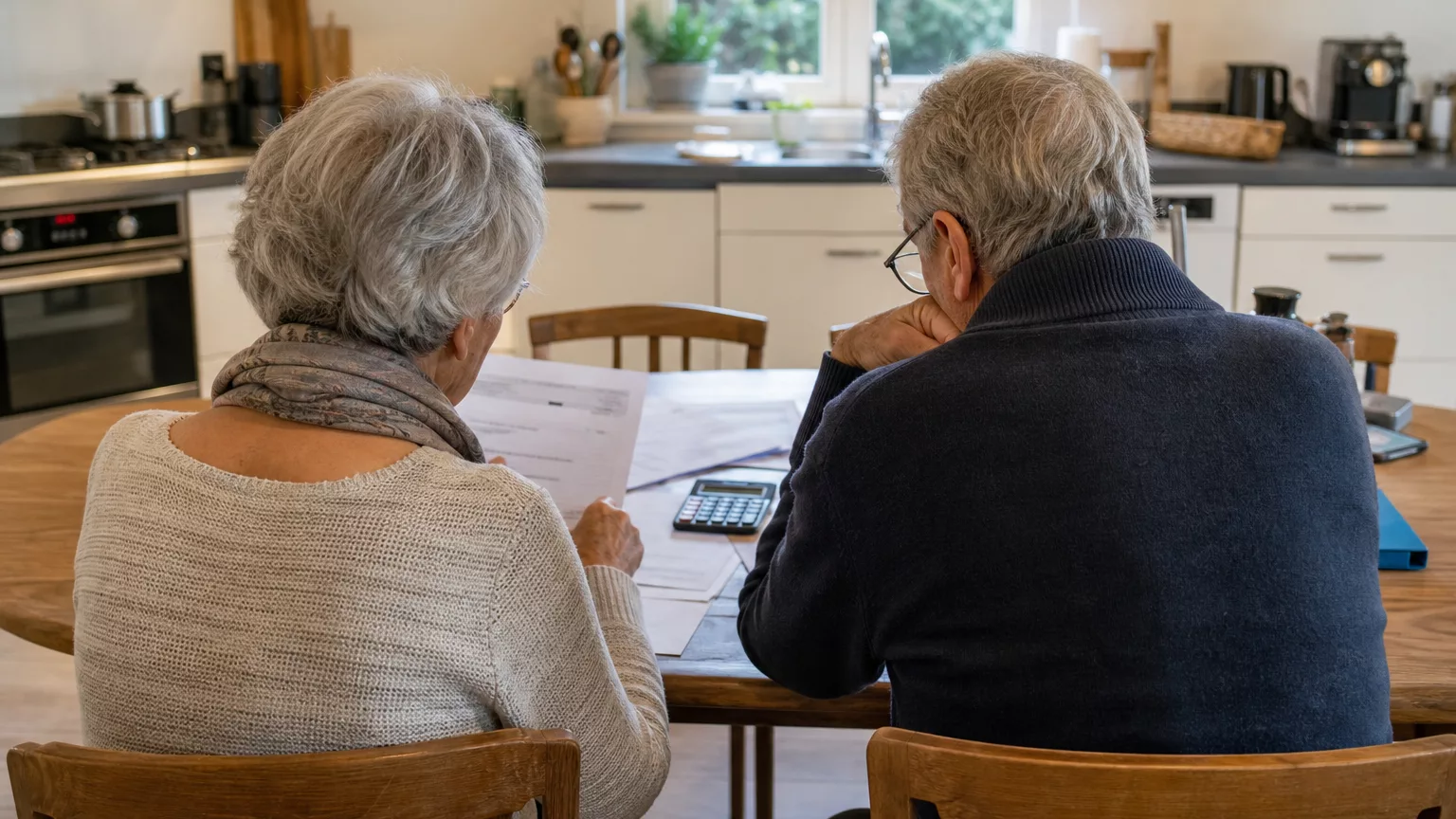 Un couple de retraités examine ses documents financiers avec une calculatrice.