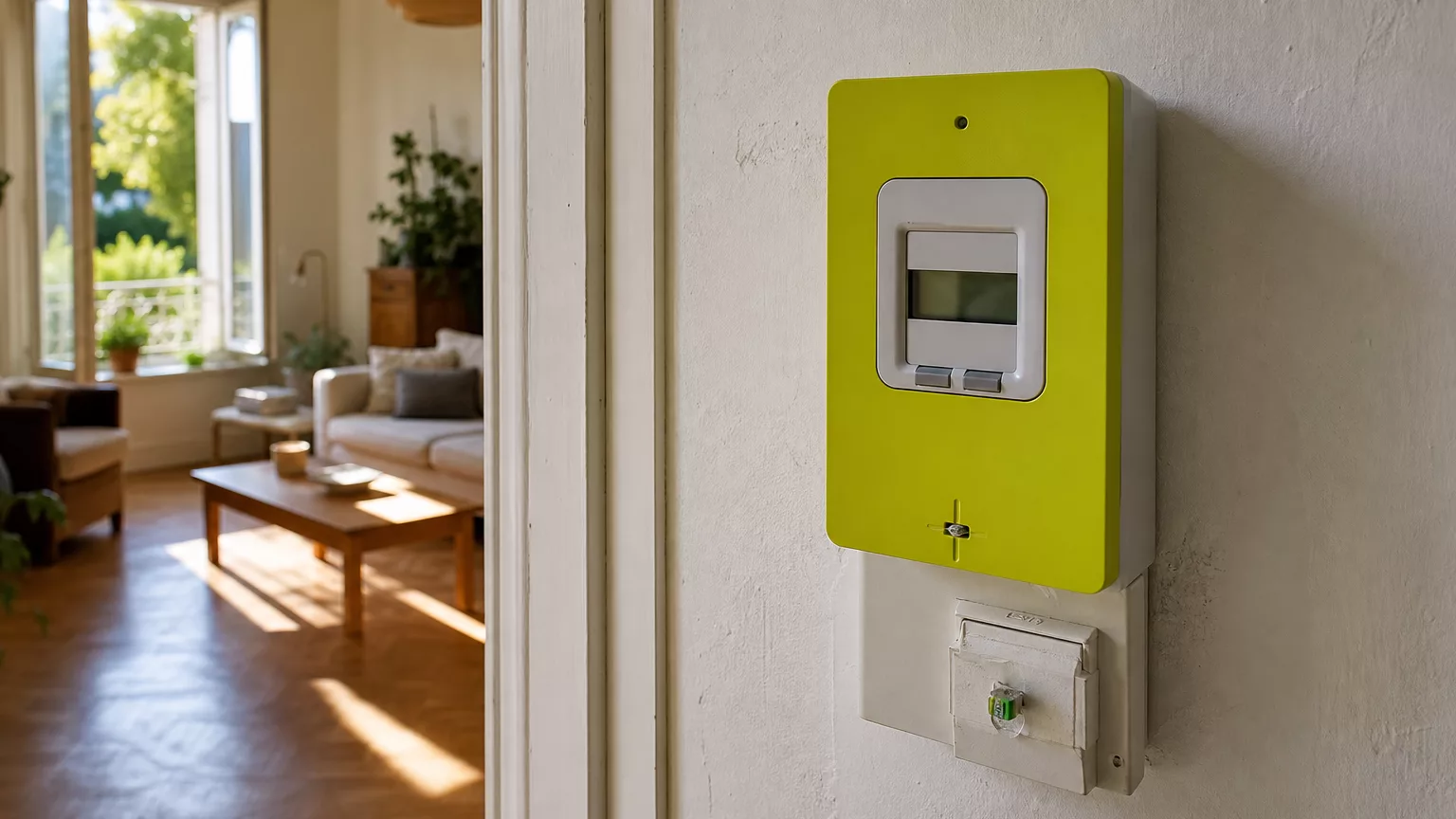 Compteur électrique dans une maison éclairée par la lumière du jour.