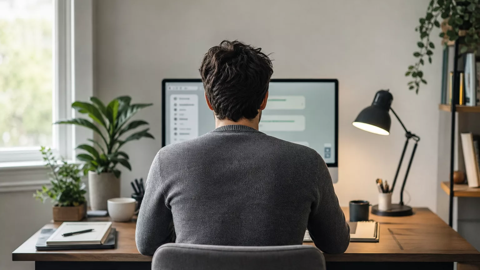 Une personne face à un ordinateur dans un bureau éclairé par une fenêtre.