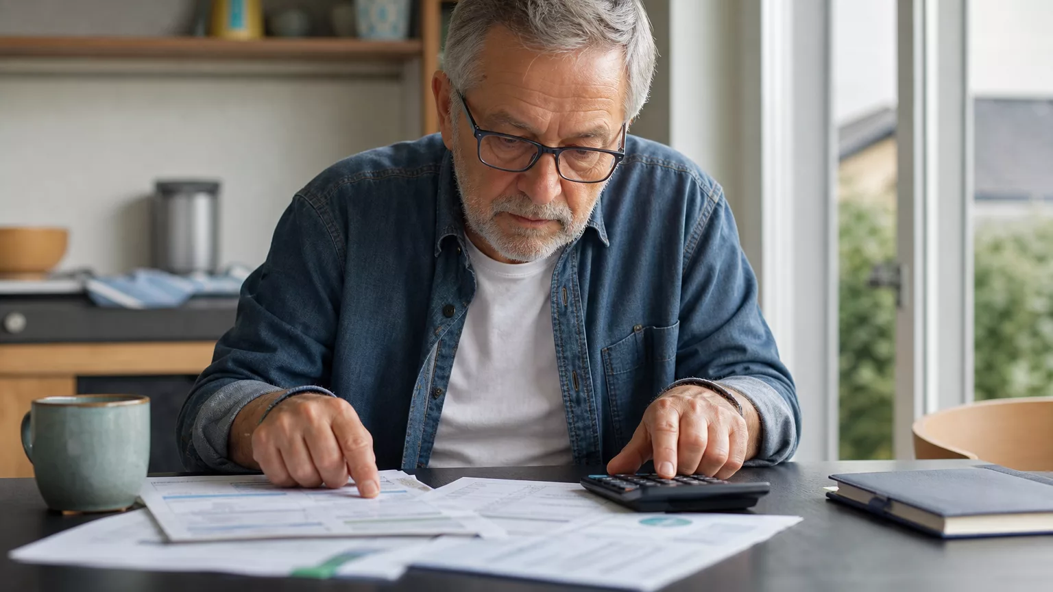 Une personne retraitée vérifie sa pension avec des documents et une calculatrice.