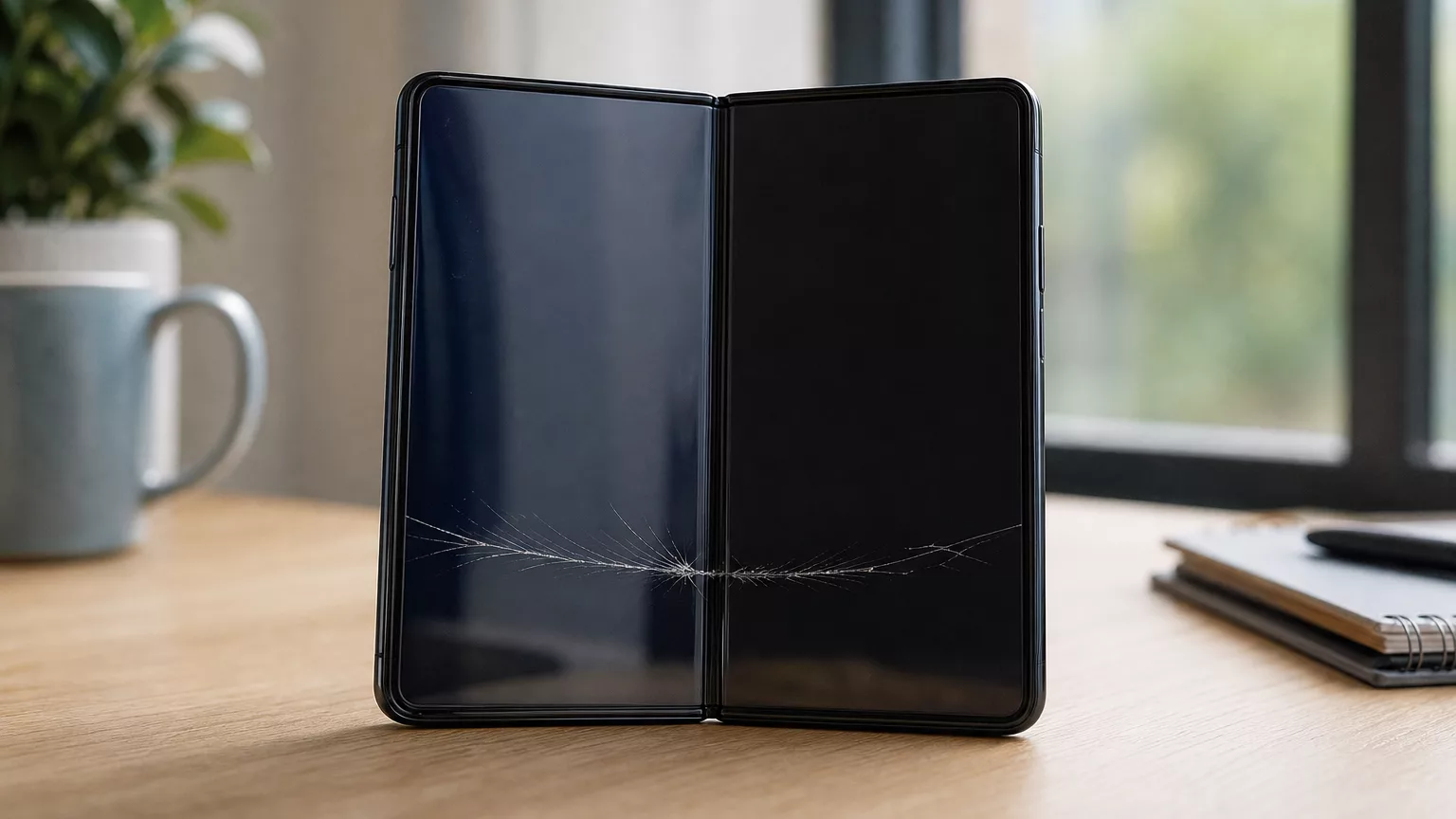 Smartphone pliant ouvert présentant une fissure dans la partie basse de son écran intérieur.