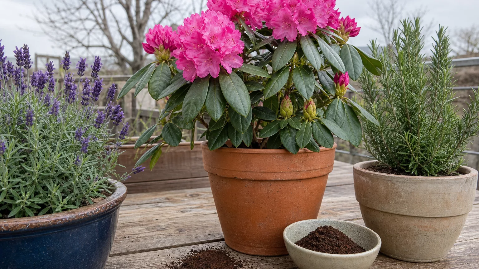 Marc de café près d’un rhododendron, avec lavande et romarin dans des pots séparés.