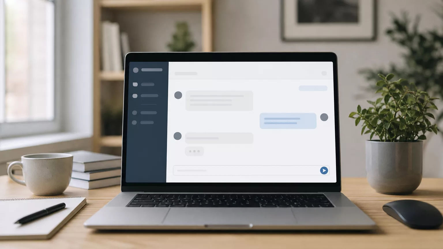 Ordinateur portable ouvert sur une interface de conversation dans un bureau.