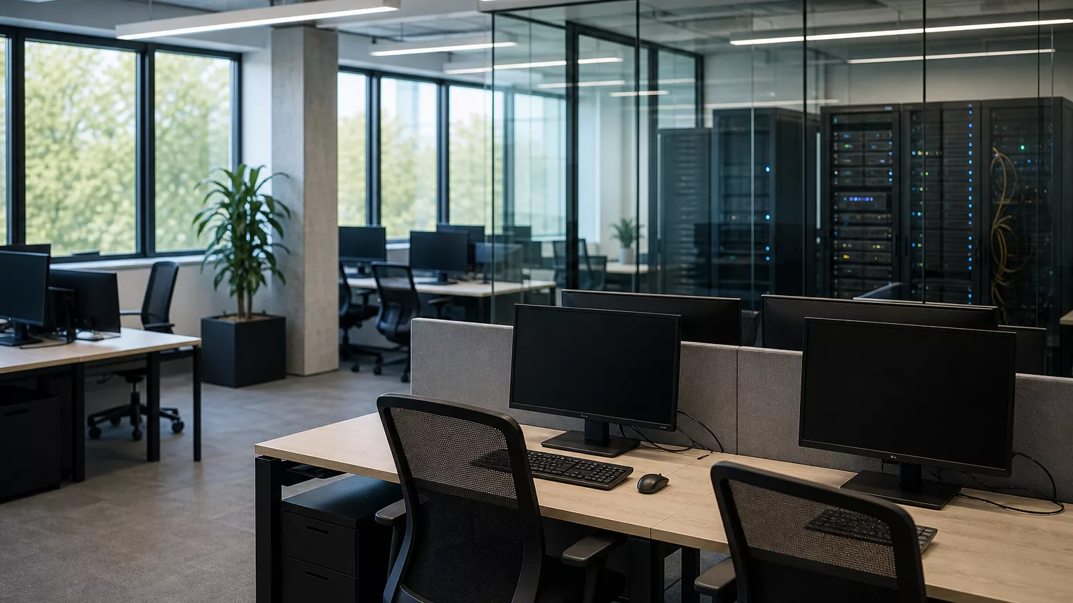 Postes de travail inoccupés dans un bureau moderne, avec des serveurs à l’arrière-plan.
