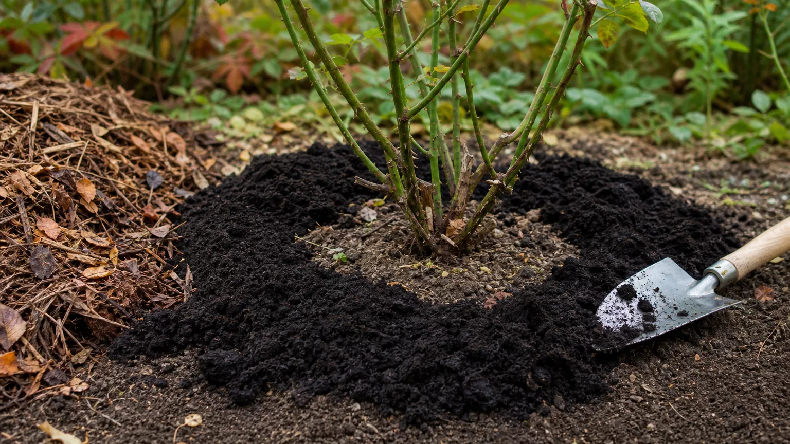 Compost mûr disposé en anneau autour d’un rosier dans un jardin en automne.