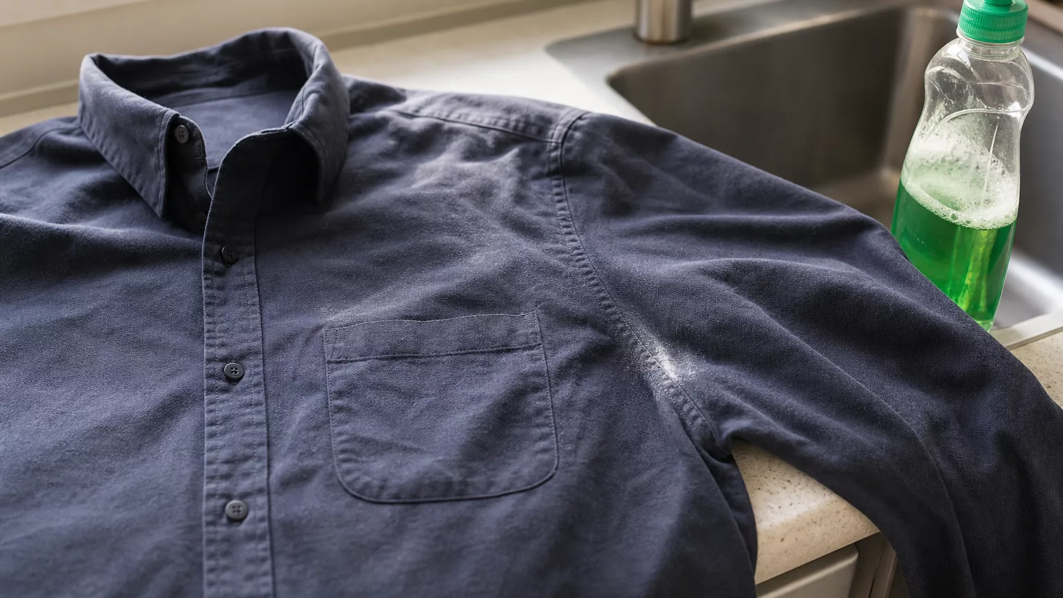 Chemise foncée avec une trace blanche sous l’aisselle, près d’un flacon de liquide vaisselle.