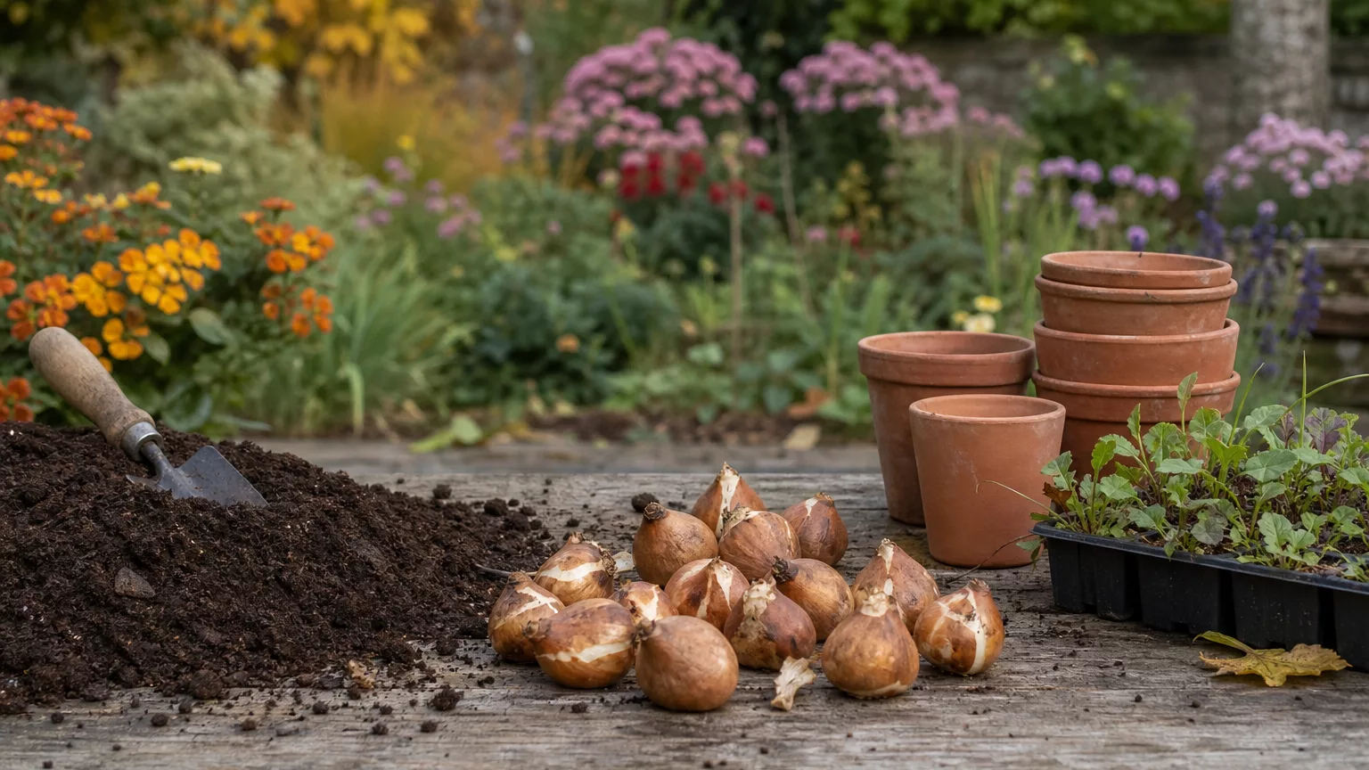Bulbes de tulipes, jeunes semis et pots prêts pour les plantations d’automne.