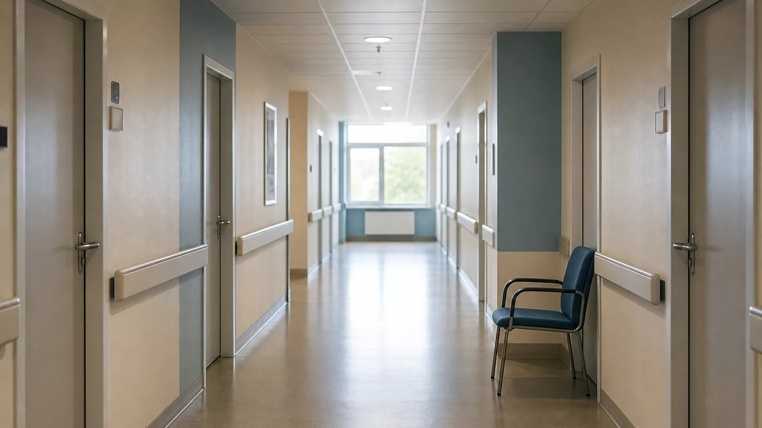 Couloir calme d’un hôpital, éclairé par la lumière naturelle.