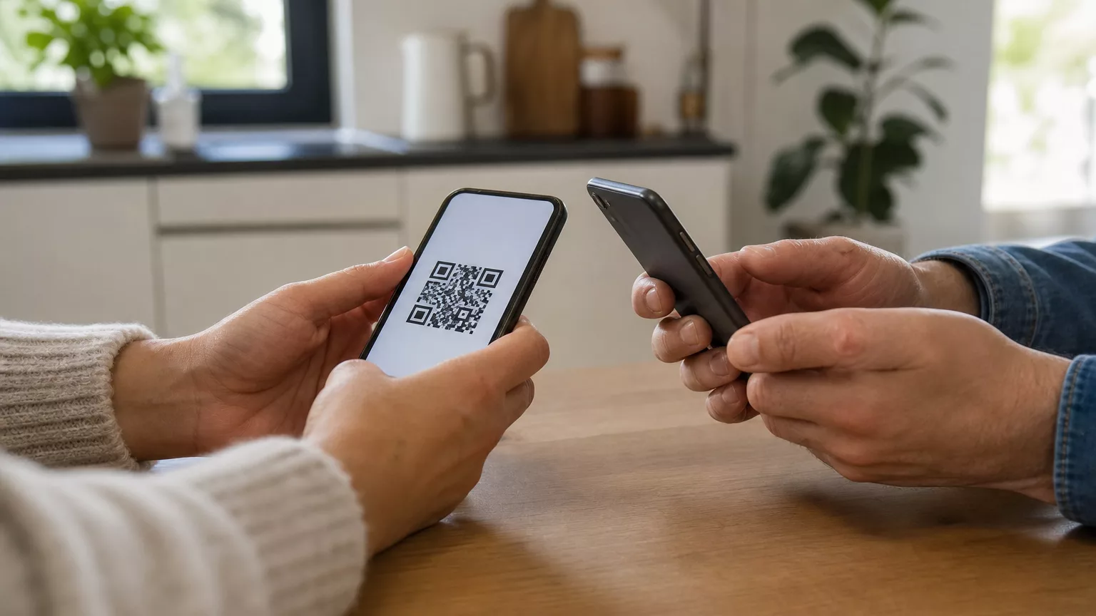 Deux personnes rapprochent leurs téléphones pour scanner un QR code à domicile.