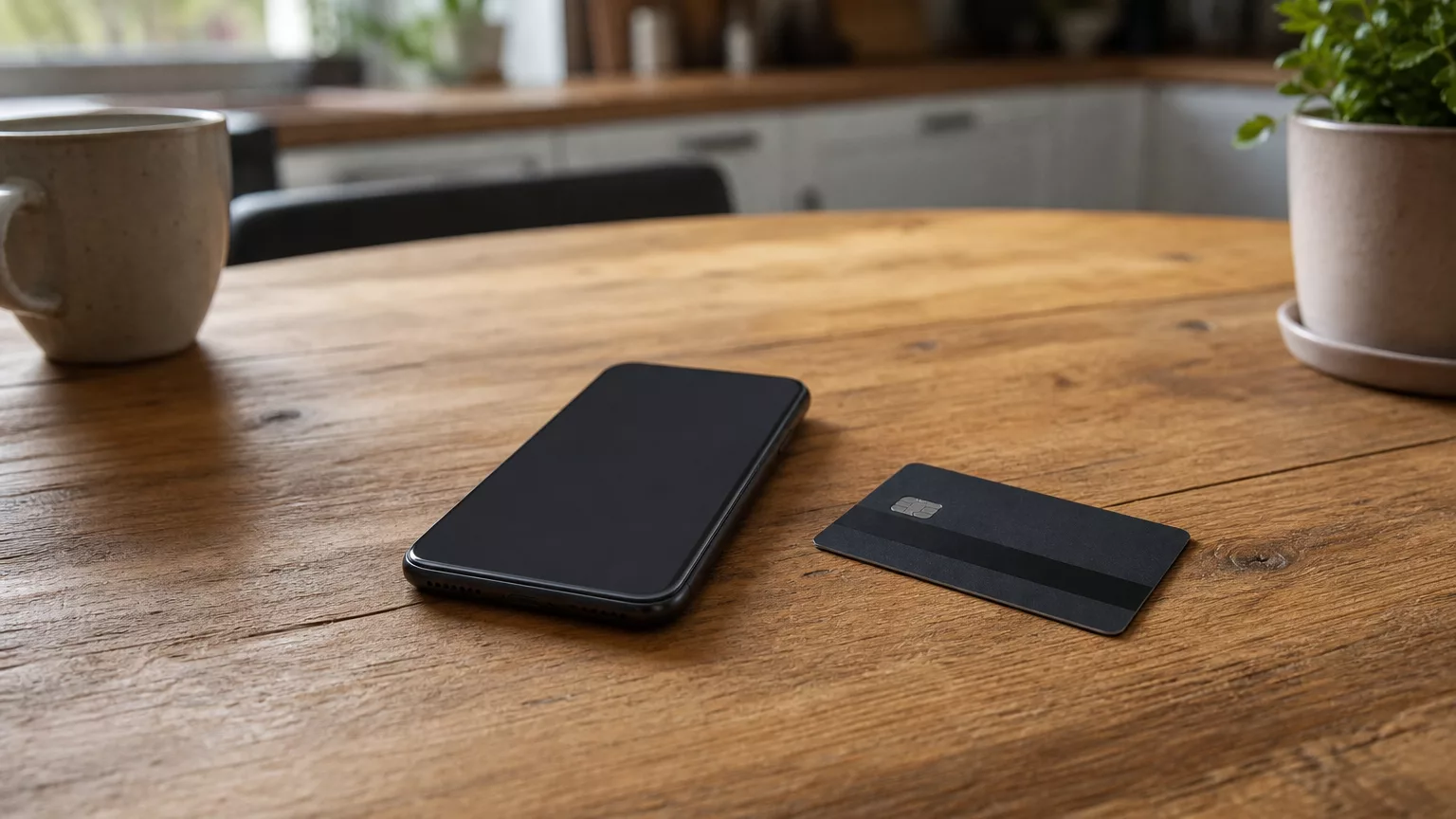 Un téléphone et une carte bancaire posés sur une table.