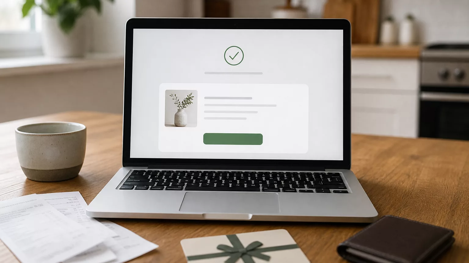 Carte cadeau et justificatifs d’achat réunis près d’un ordinateur.