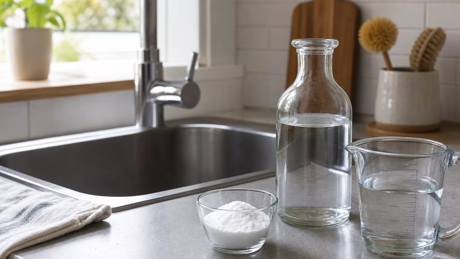 Bicarbonate et vinaigre blanc préparés près d’un évier de cuisine.