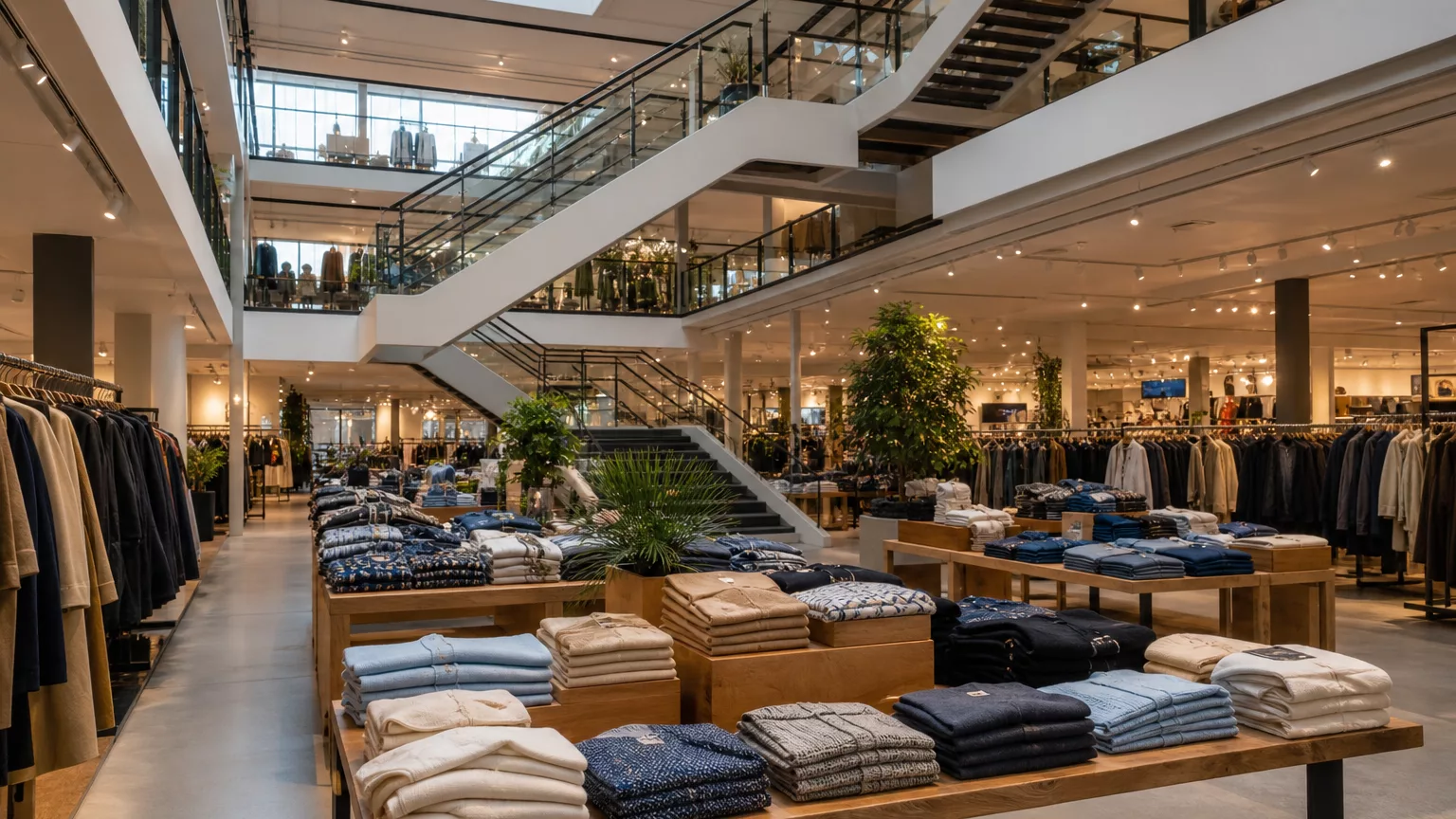 Intérieur d’un grand magasin de vêtements avec plusieurs niveaux et des présentoirs.