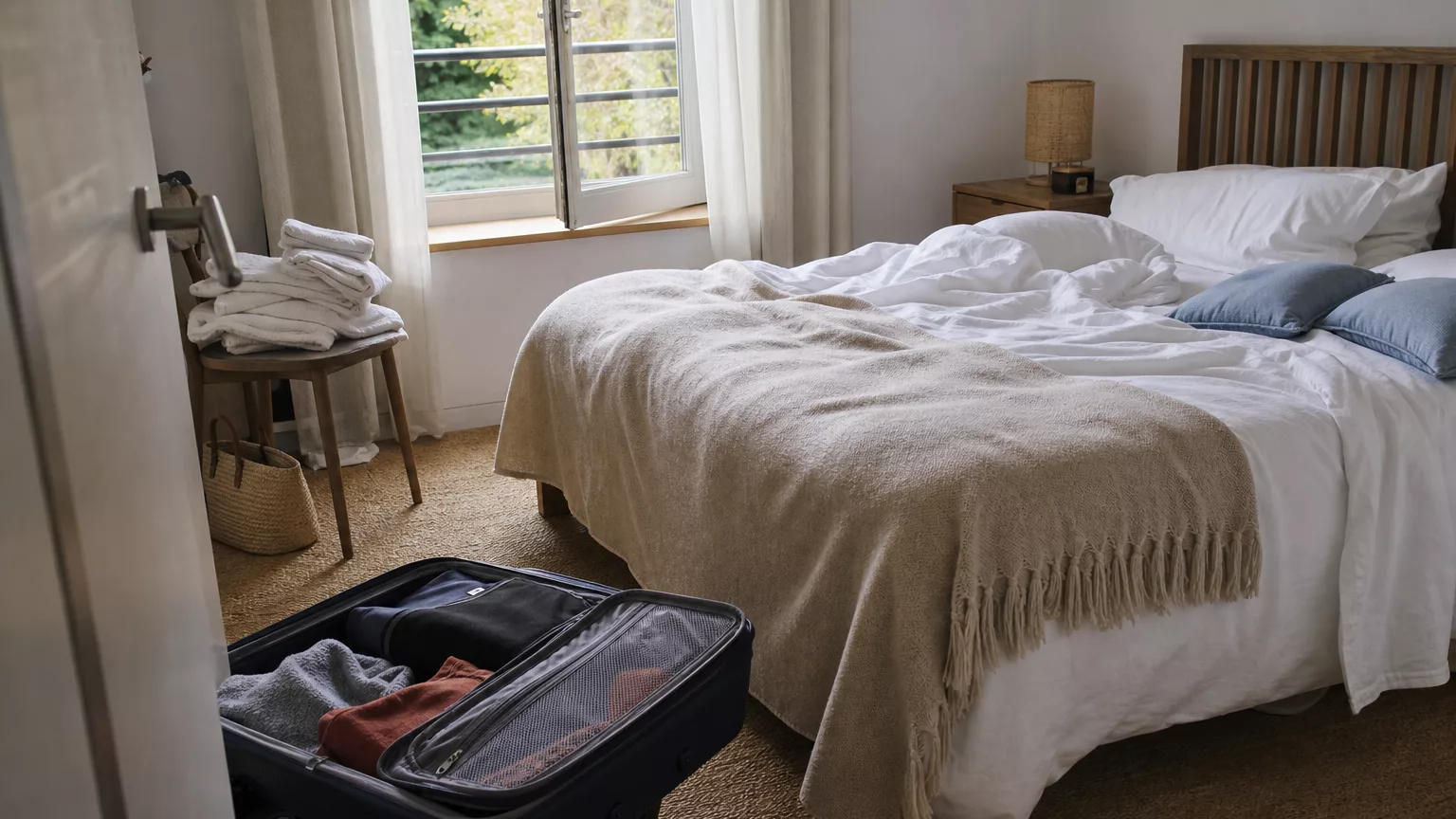 Lit défait et serviettes regroupées dans une chambre de location de vacances.