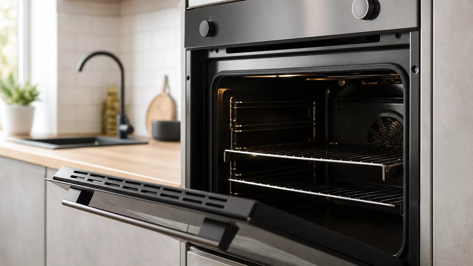 Four électrique entrouvert dans une cuisine après la cuisson.