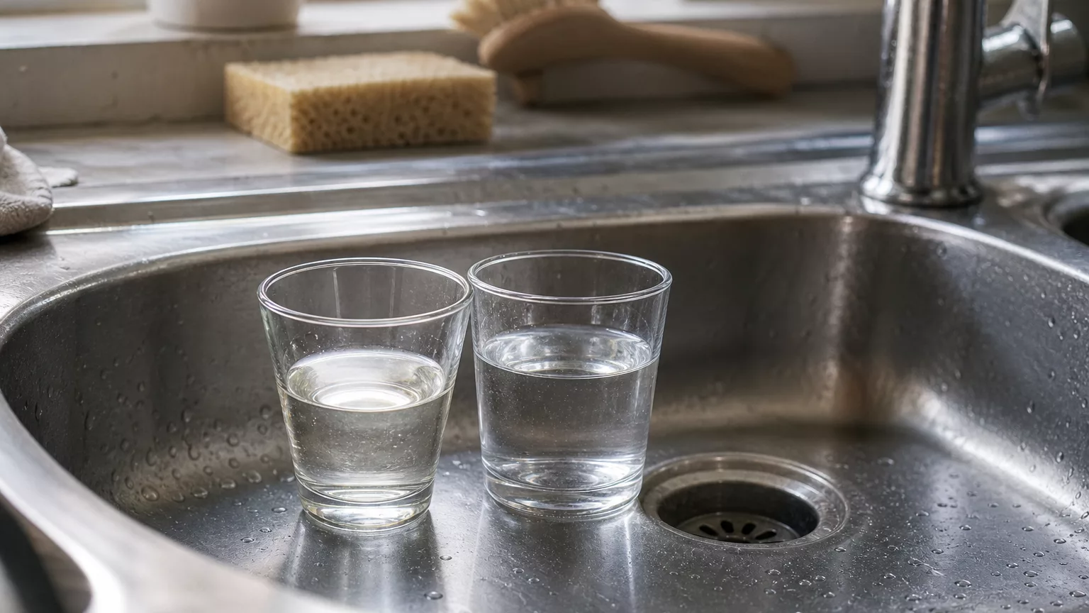 Deux petites tasses près de la bonde d’un évier de cuisine.